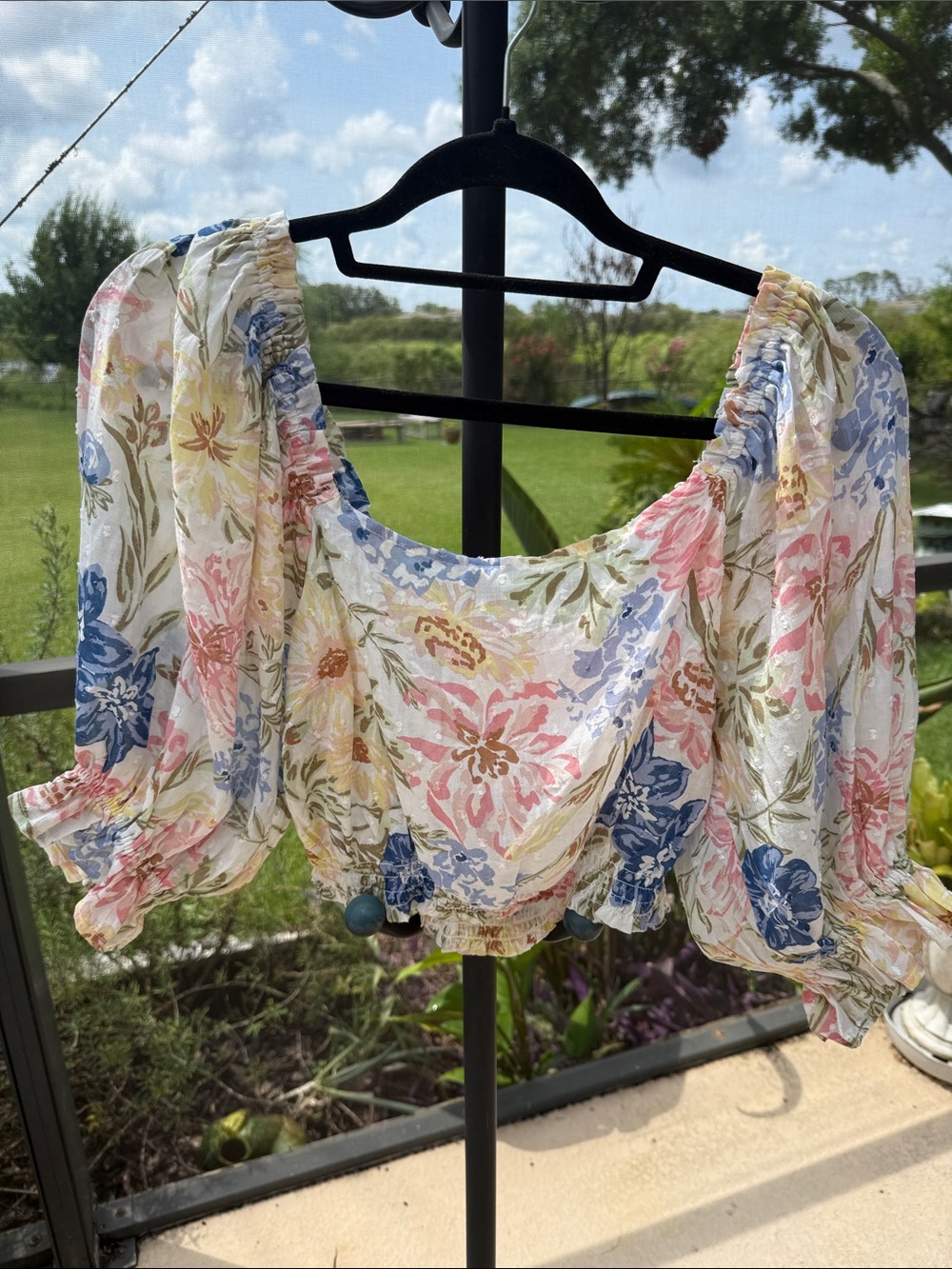 Billabong Floral Puff-Sleeve Sheer Crop Top — White with Pink, Blue, Yellow